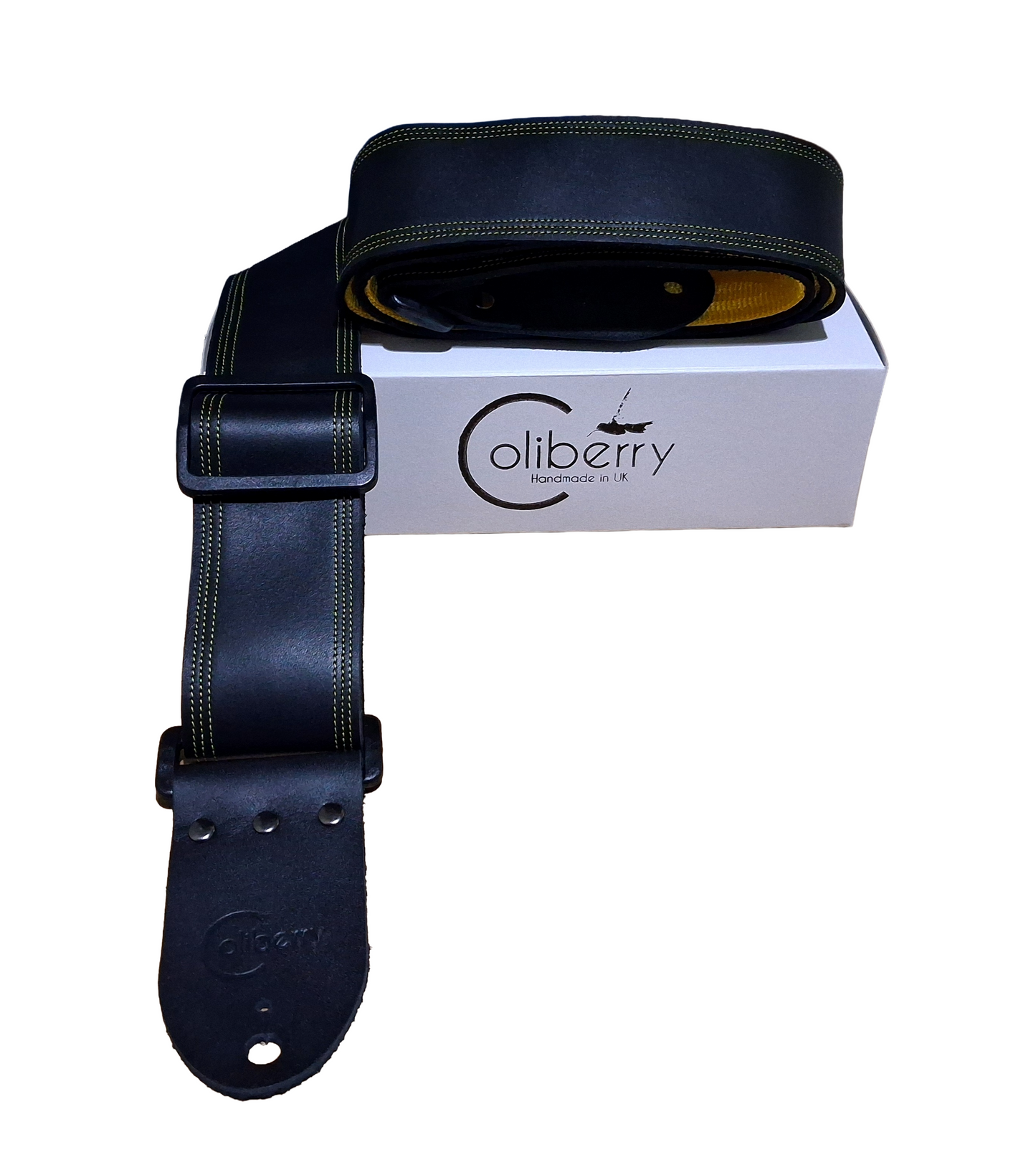 Handmade Black Full Leather Guitar Strap with seatbelt backing (different color options available) and matching threads to the front.