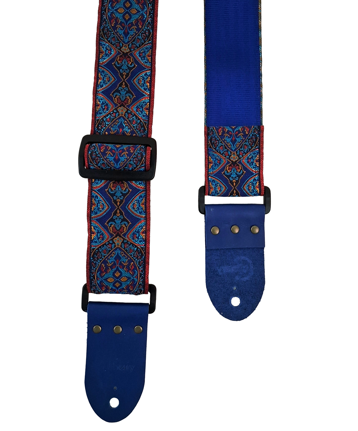 Handmade 'Blue Sunbeam' guitar strap with blue seatbelt backing and Montana Blue real leather ends.