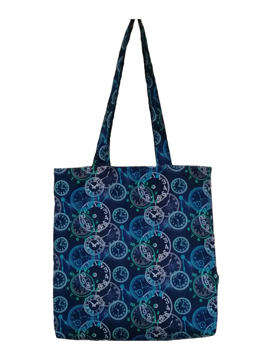 Handmade Tote Bag 'Time is Mine' available in 2 colours: Blue with Black and Brown with Black - with double pocket inside.
