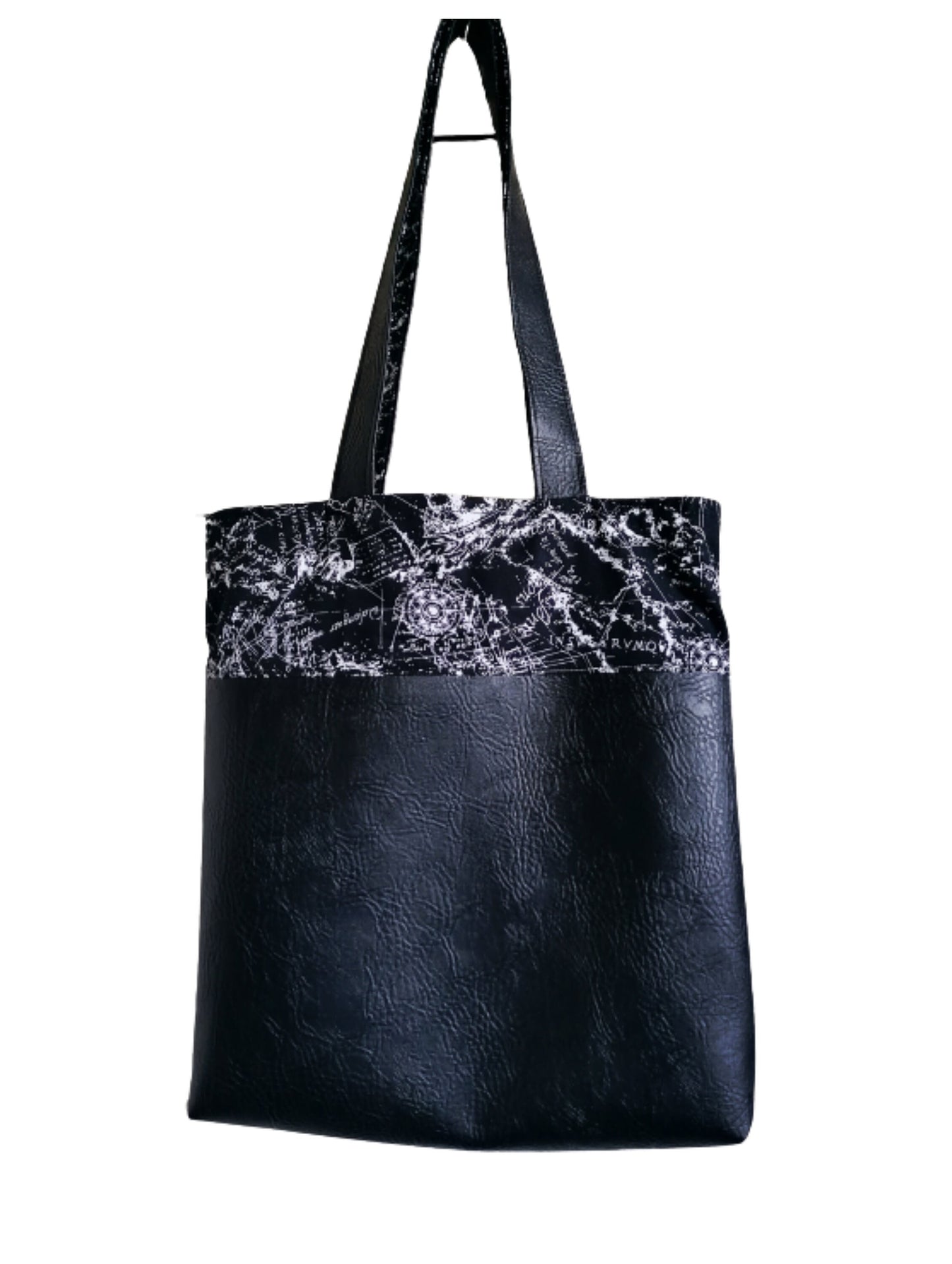 Handmade Reversible Tote Bag. Black Faux Leather and Black Cotton Poplin with Maps Pattern.