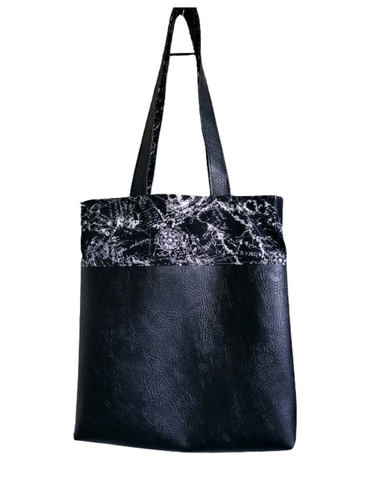 Handmade Reversible Tote Bag. Black Faux Leather and Black Cotton Poplin with Maps Pattern.