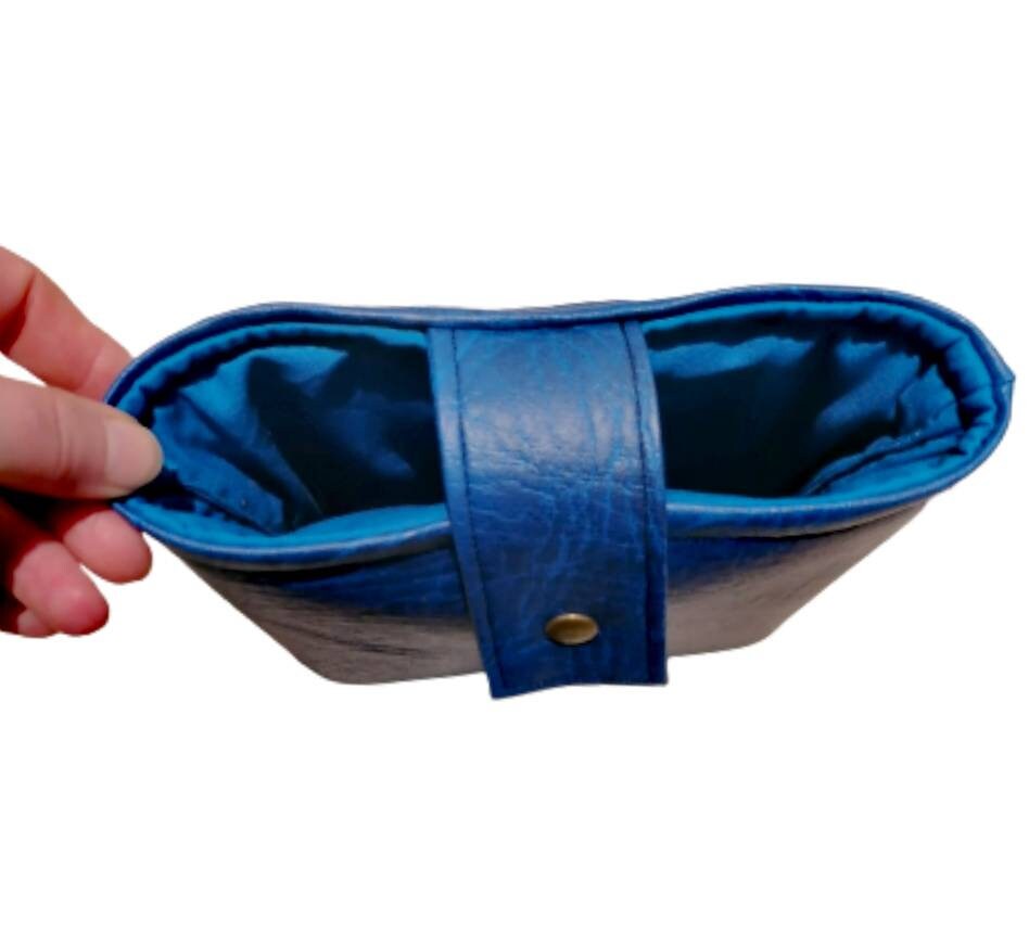 Handmade, Padded Faux Leather Book Sleeve with Cotton inner fabric and snap on strap to the top - Blue.