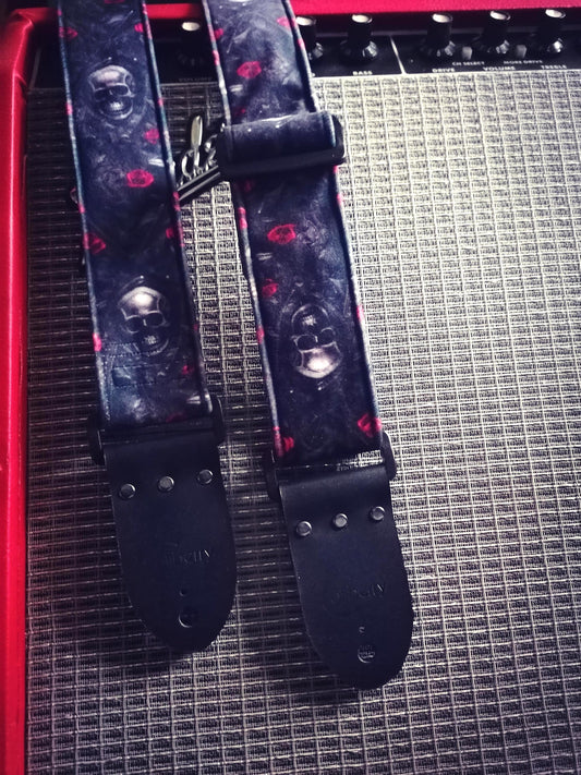 Handmade guitar strap - plush velvet with Skulls & Roses to the front, black seatbelt backing and Montana Black real leather ends.