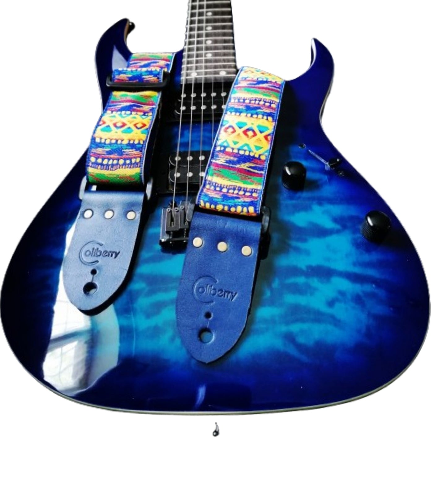 Handmade Guitar Strap - 'Fistral' with Royal Blue Seatbelt backing and Midnight Blue colour Real Leather ends.