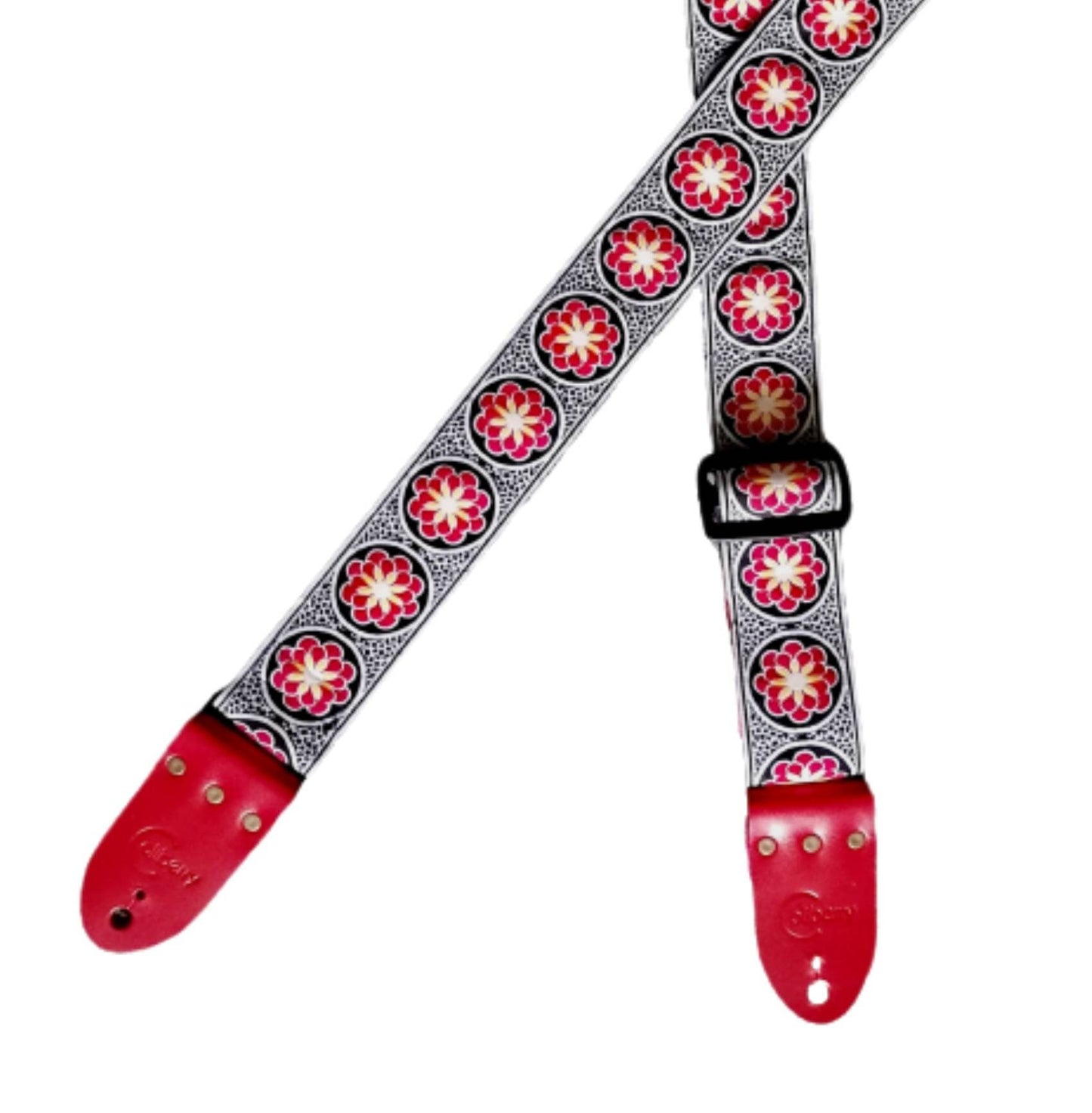 Handmade guitar strap. Red and Black embroidered flower Ribbon with Red Seatbelt backing and Red Leather ends.