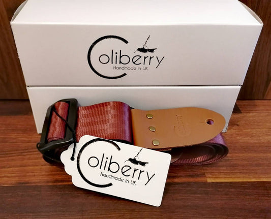Maroon Handmade Seatbelt Only Guitar Strap with Montana Hazelnut real leather ends.