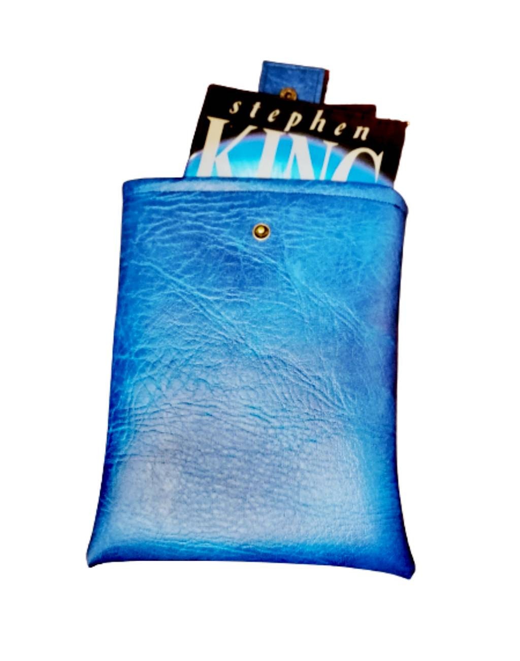 Handmade, Padded Faux Leather Book Sleeve with Cotton inner fabric and snap on strap to the top - Blue.