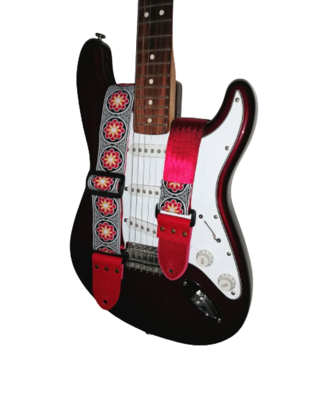 Handmade guitar strap. Red and Black embroidered flower Ribbon with Red Seatbelt backing and Red Leather ends.