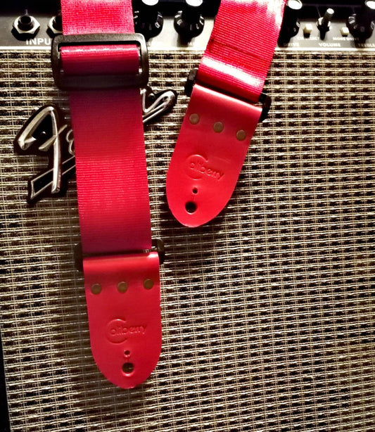 Red Handmade Seatbelt Only Guitar Strap with Antique Red real leather ends.