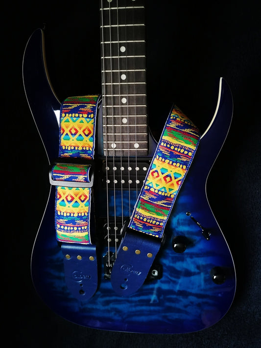 Handmade Guitar Strap - 'Fistral' with Royal Blue Seatbelt backing and Midnight Blue colour Real Leather ends.