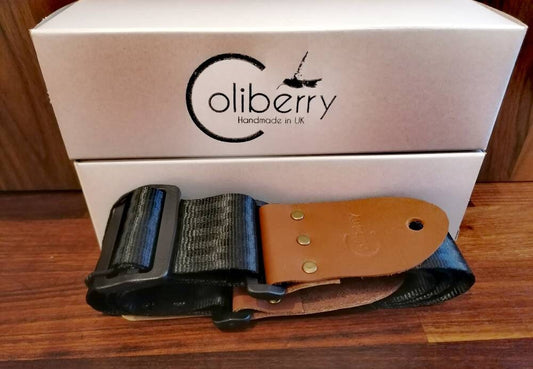 Handmade Seatbelt Only Guitar Strap with Montana Hazelnut real leather ends.