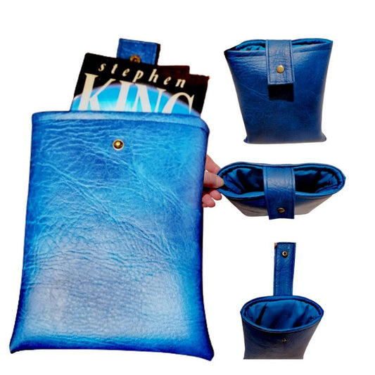 Handmade, Padded Faux Leather Book Sleeve with Cotton inner fabric and snap on strap to the top - Blue.