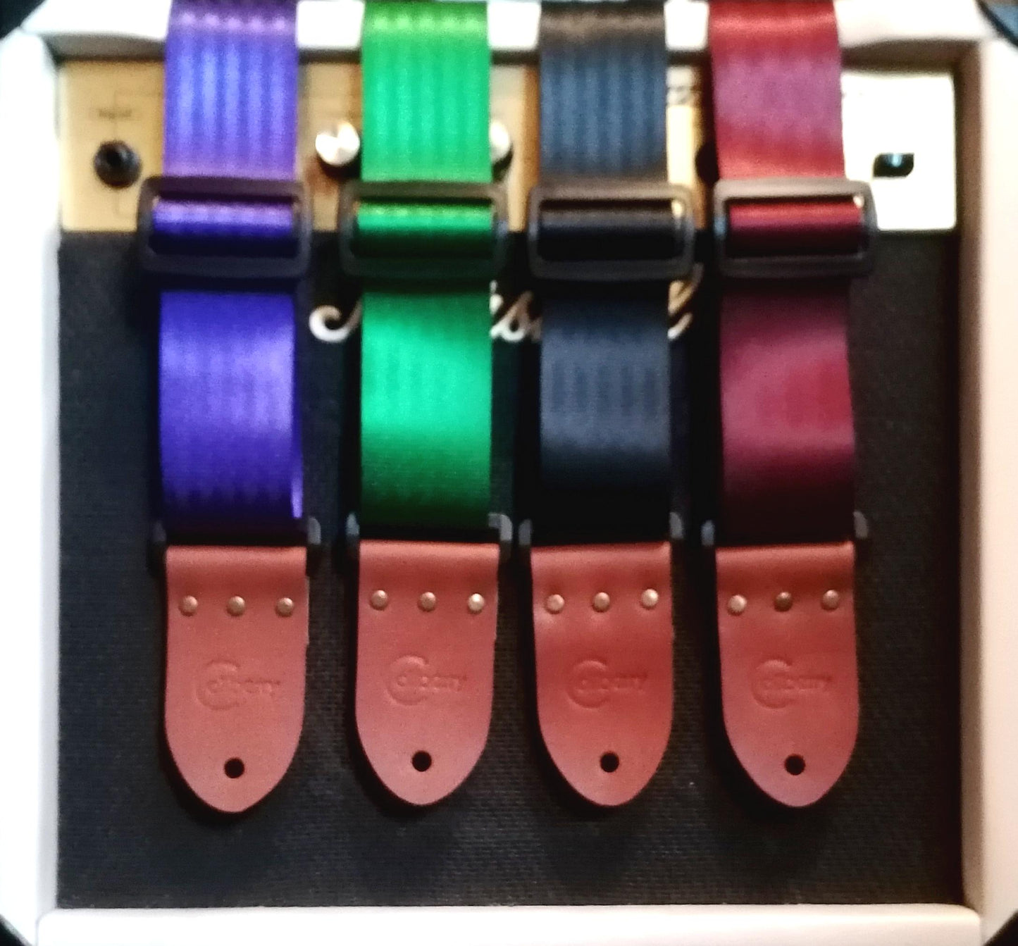 Grey Handmade Seatbelt Only Guitar Strap with Montana Hazelnut real leather ends.