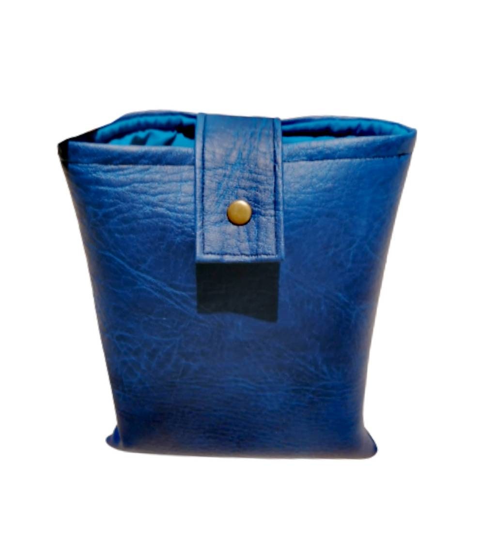Handmade, Padded Faux Leather Book Sleeve with Cotton inner fabric and snap on strap to the top - Blue.