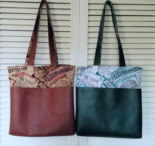 Handmade Reversible Tote Bags. Available in 2 colour options. Faux Leather (Brown or Green) and Cotton poplin with Newspaper pattern.