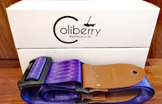Purple Handmade Seatbelt Only Guitar Strap with Montana Hazelnut real leather ends.