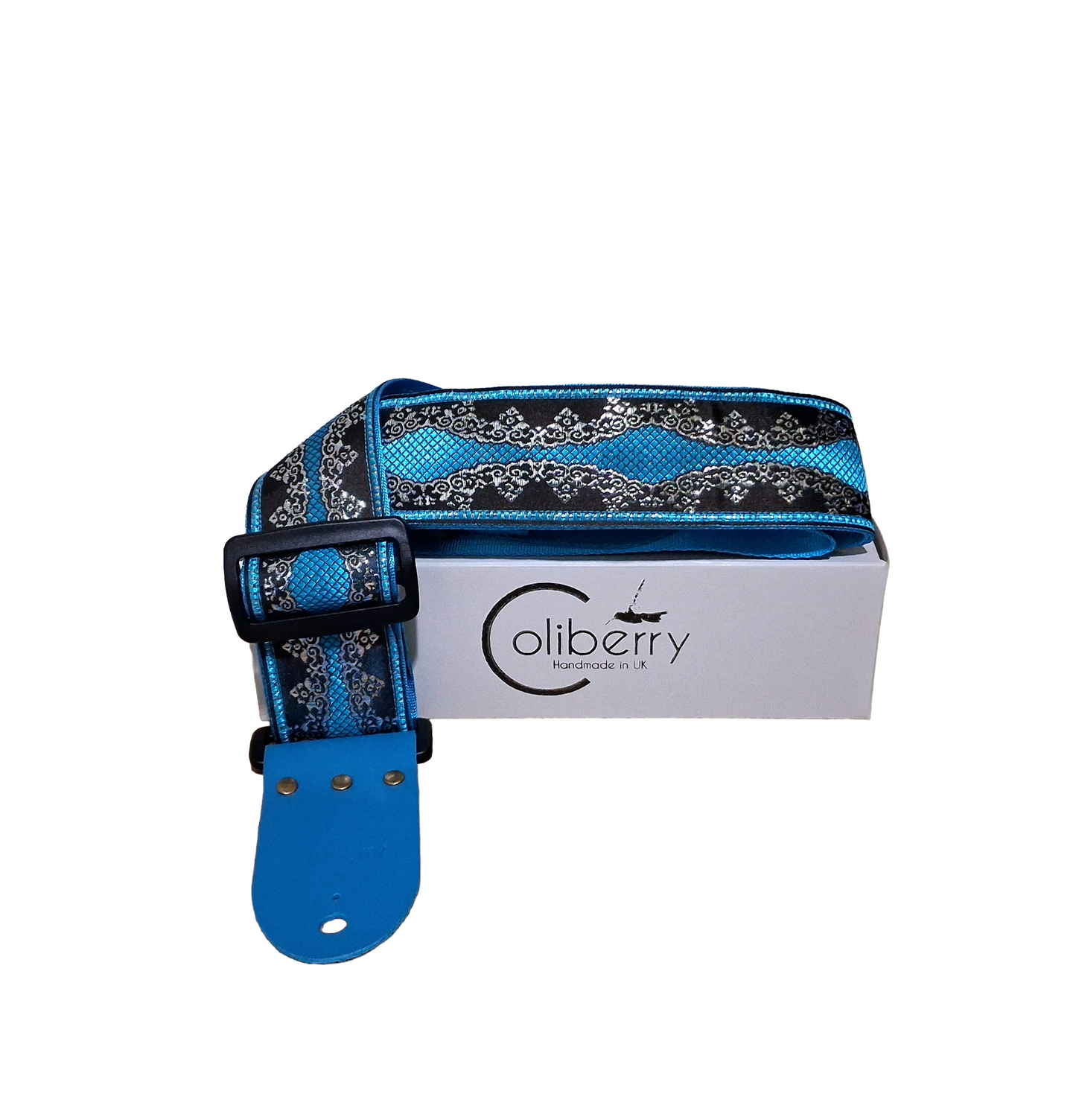Handmade guitar strap - 'Venice' Turquoise, Black and Silver with Real Leather ends.