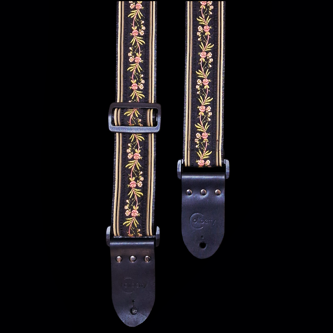 'Japanese Garden' in Black. Handmade guitar strap. Adjustable.