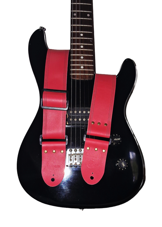 Red Full Leather Guitar Strap with black seatbelt backing.