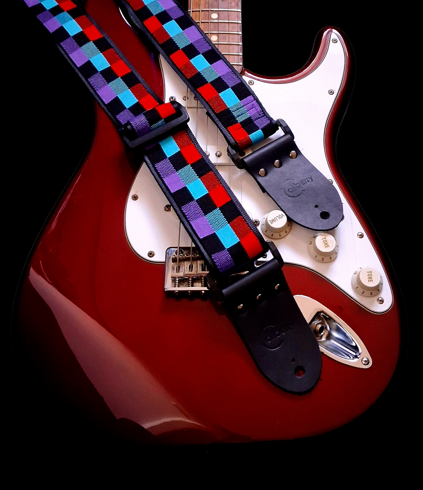 Handmade Chromatix Guitar Strap: vivid multicolour boxes pattern Jacquard Ribbon with Leather Ends. Adjustable.