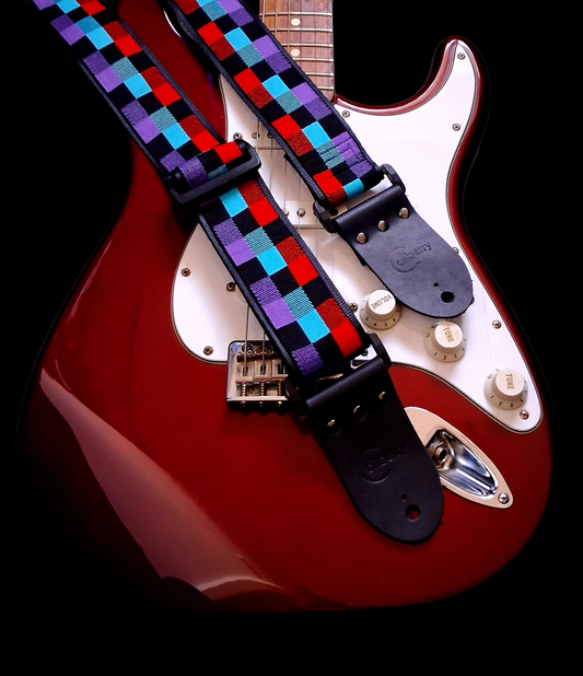 Handmade Chromatix Guitar Strap: vivid multicolour boxes pattern Jacquard Ribbon with Leather Ends. Adjustable.