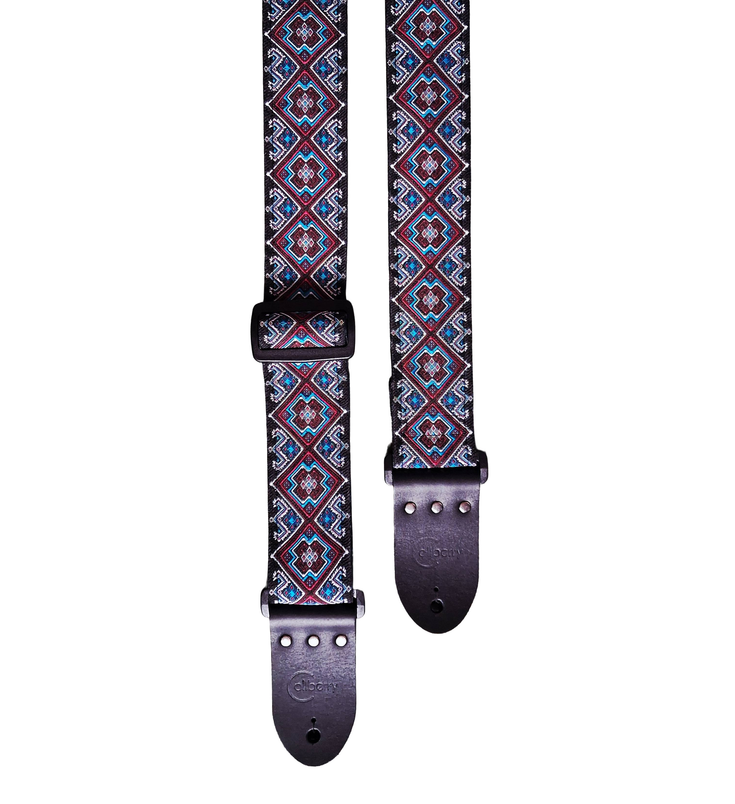 Handmade 'Cherokee' guitar strap. Jaquard Ribbon and Leather Ends. Adjustable.