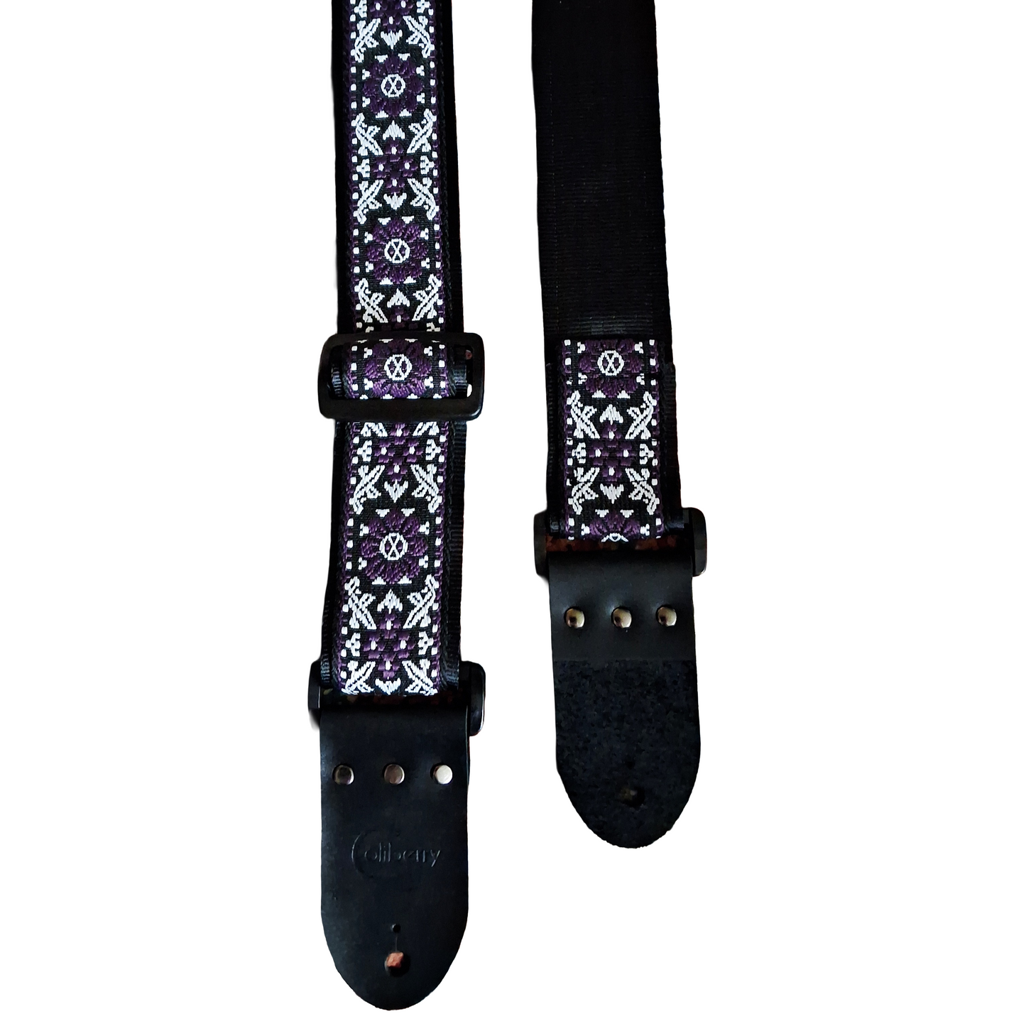 Handmade 'Purple Haze'  Guitar Strap: Patterned Webbing, Seatbelt backing and Leather Ends. Adjustable.