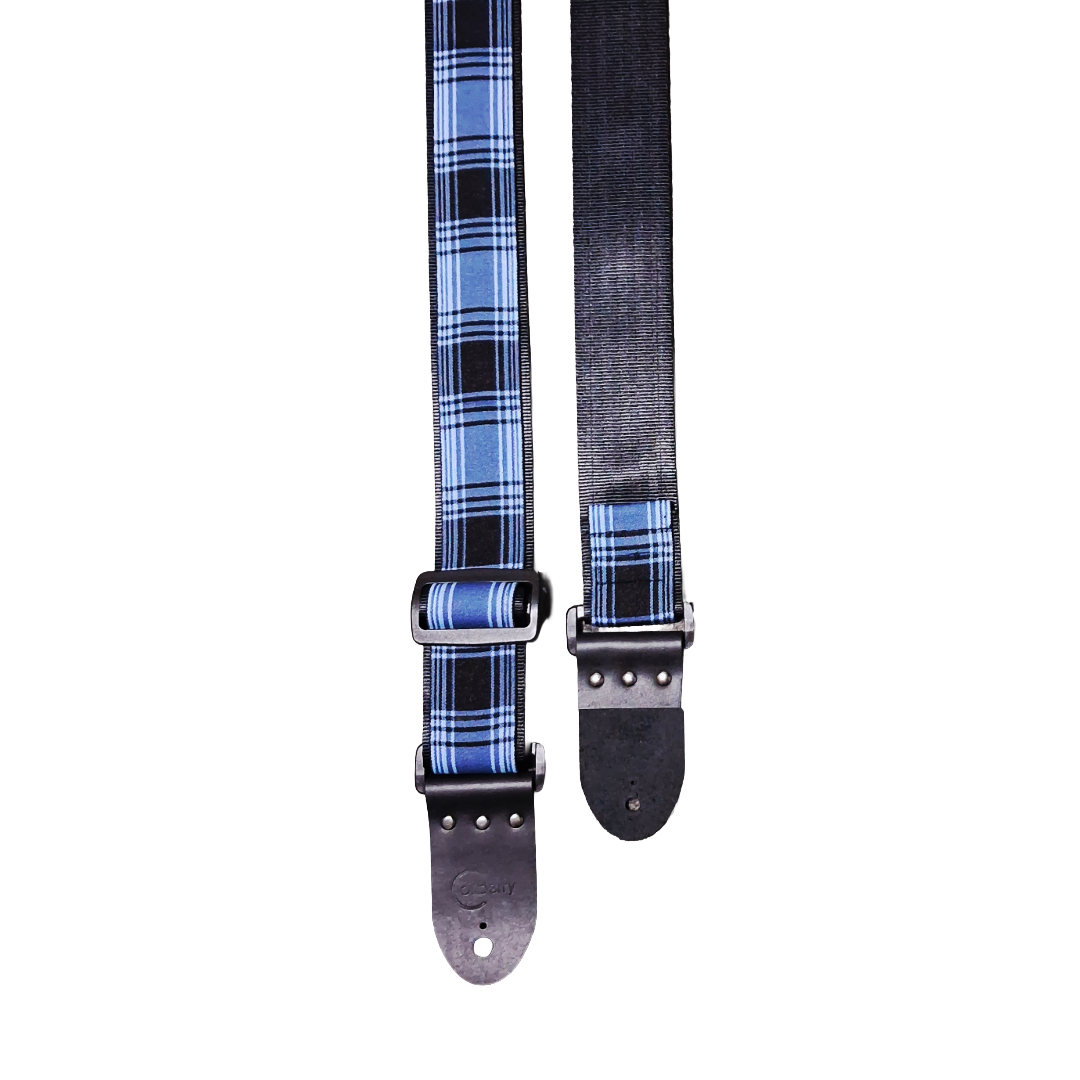 Handmade 'Tartan Blue' guitar strap with Montana Black leather ends. Adjustable.