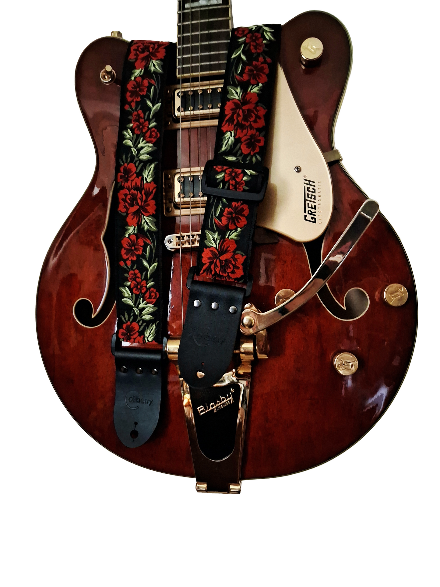 Handmade 'Red Peony' Guitar Strap with Black Real Leather ends. Adjustable.