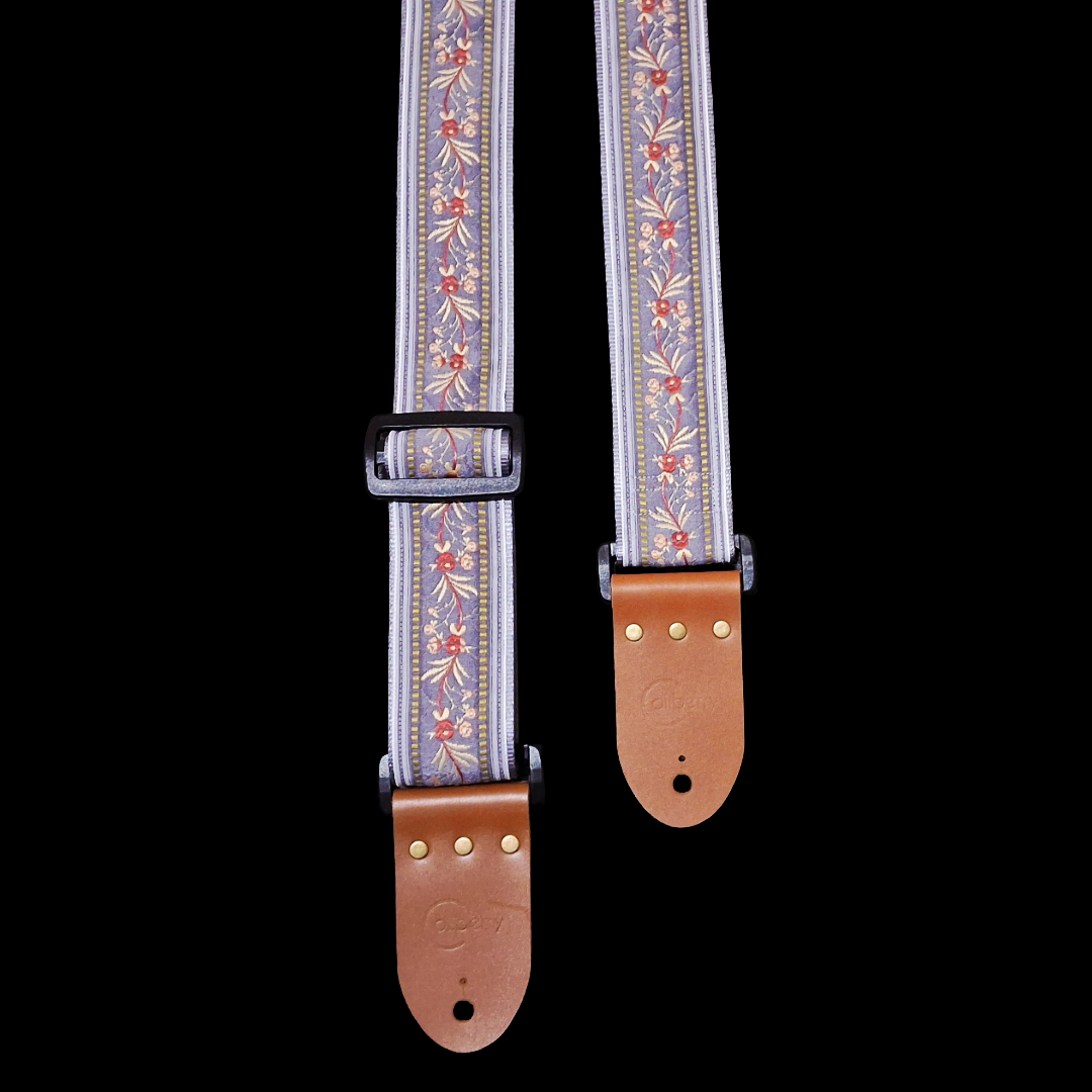 'Japanese Garden' in Grey. Handmade Guitar Strap with Real Leather ends. Adjustable.