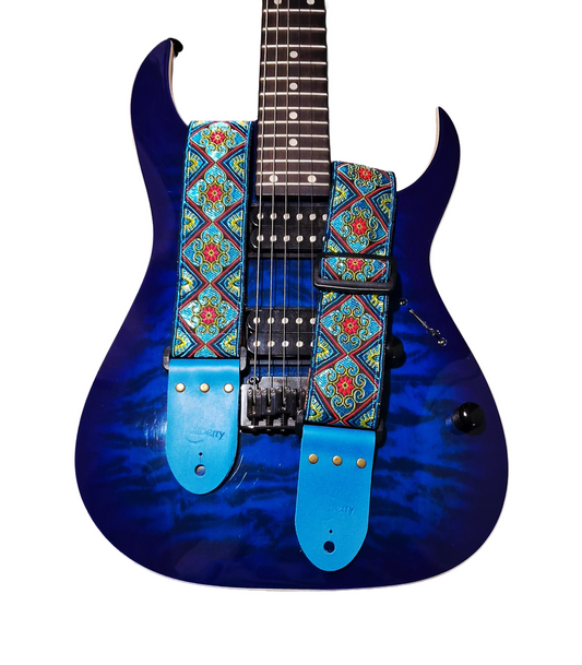 Handmade guitar strap - 'Tribal Flower' Turquoise.