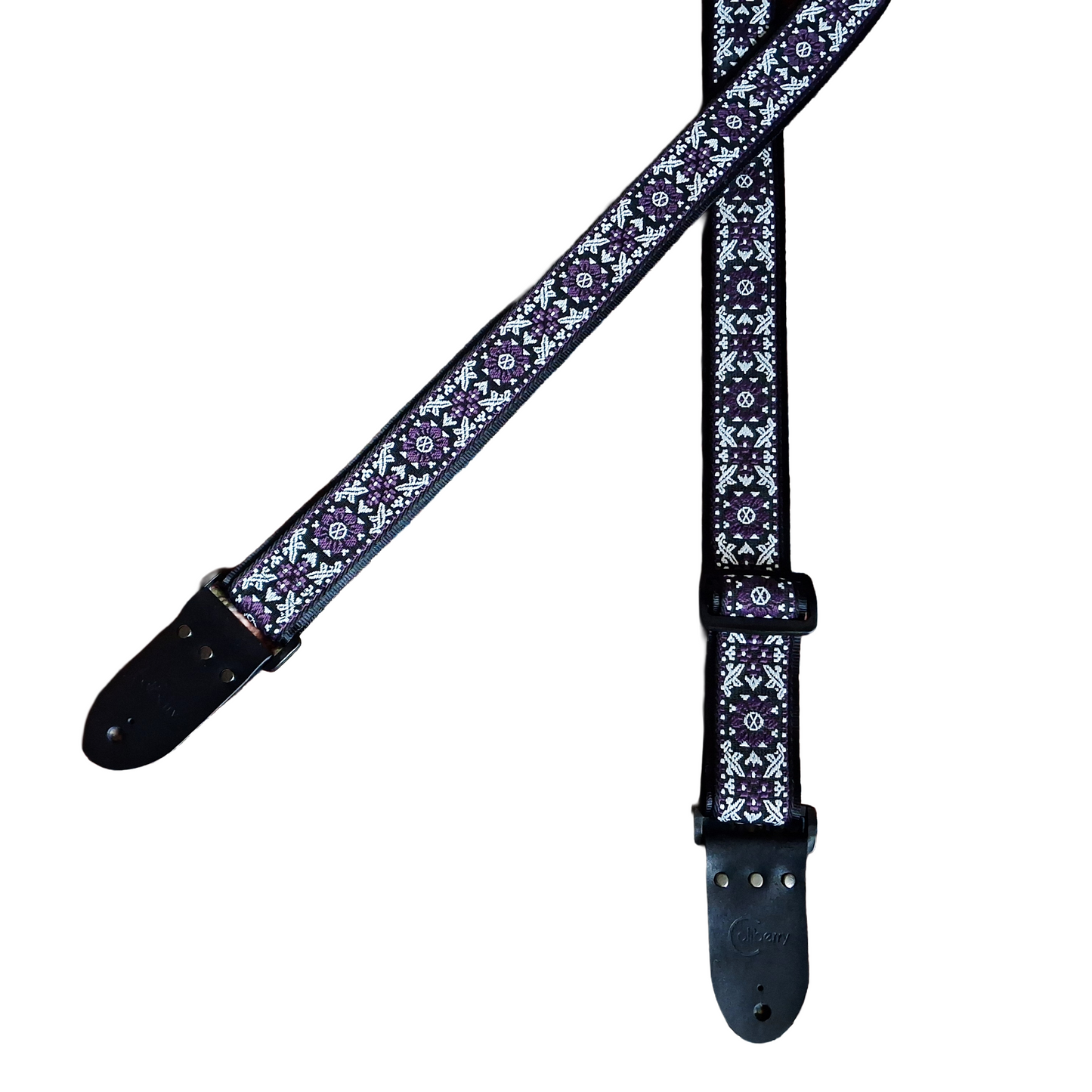 Handmade 'Purple Haze'  Guitar Strap: Patterned Webbing, Seatbelt backing and Leather Ends. Adjustable.