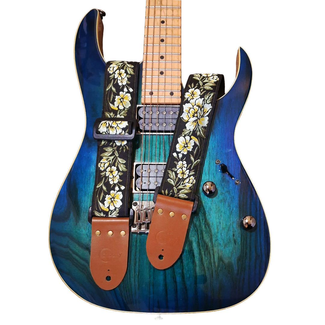 'Yellow Peony' Handmade Guitar Strap with Real Leather ends. Adjustable.