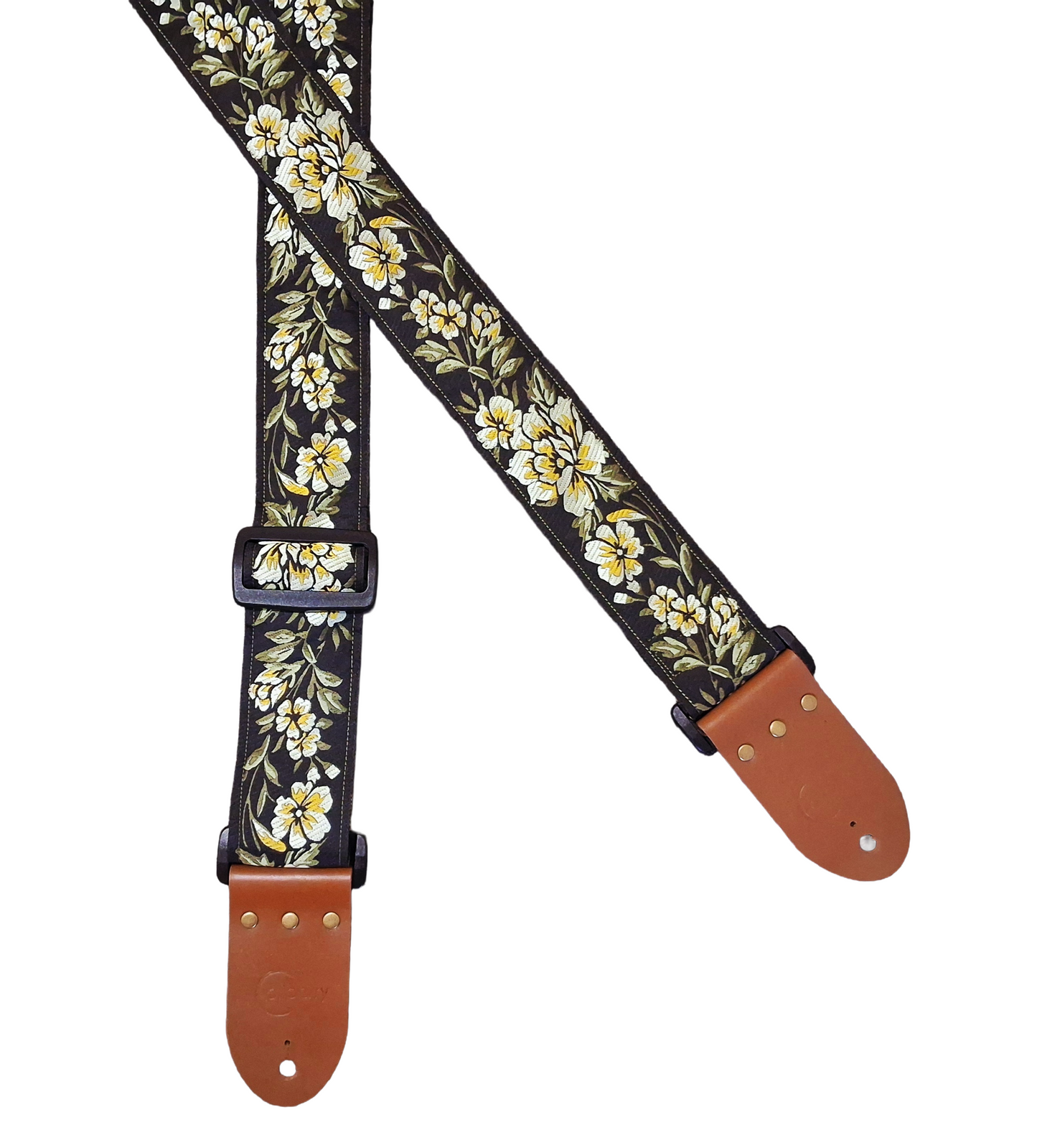 'Yellow Peony' Handmade Guitar Strap with Real Leather ends. Adjustable.
