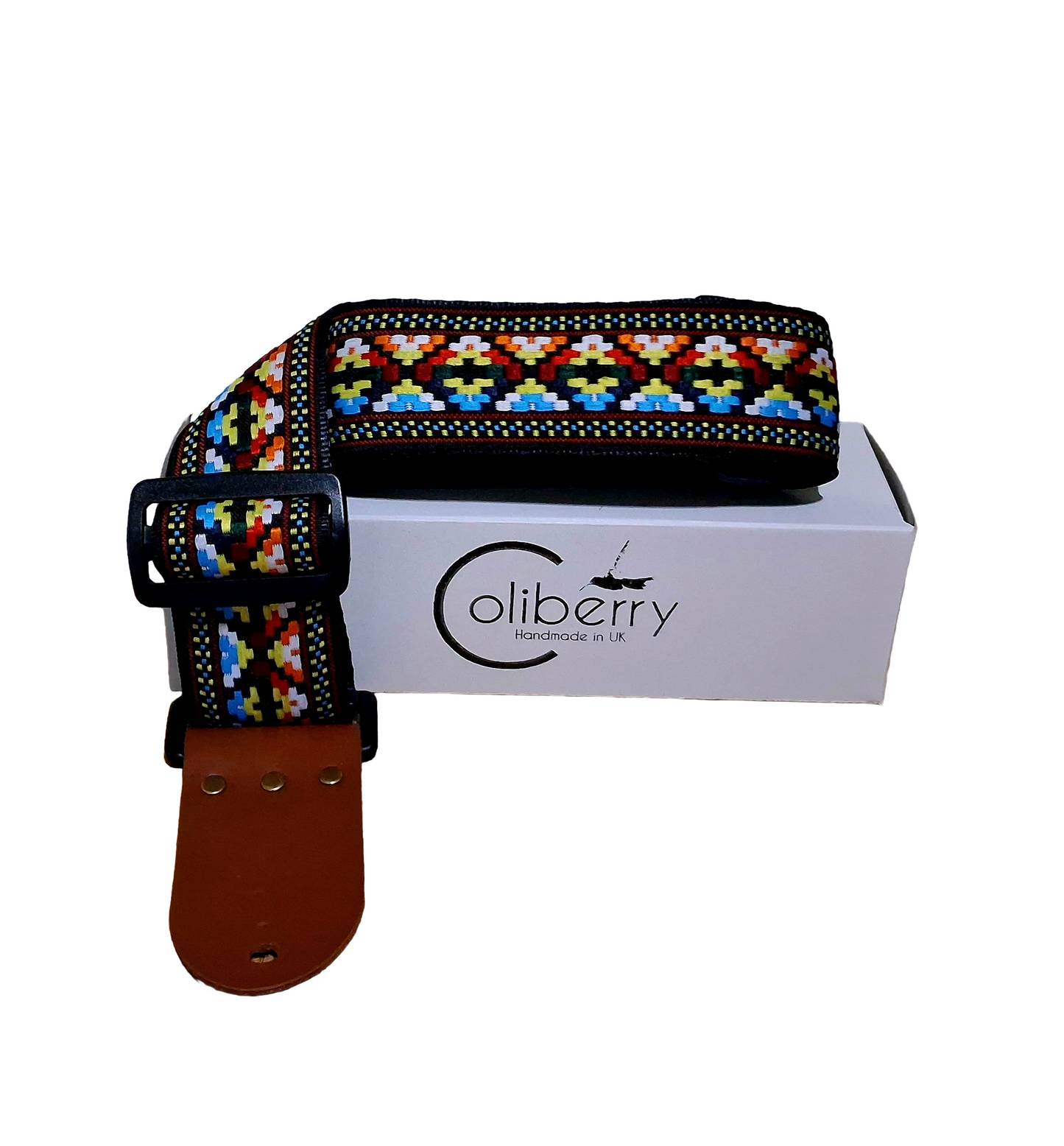 Handmade Cancun Guitar Strap: Aztec multicolour pattern Jacquard Ribbon and Leather Ends.