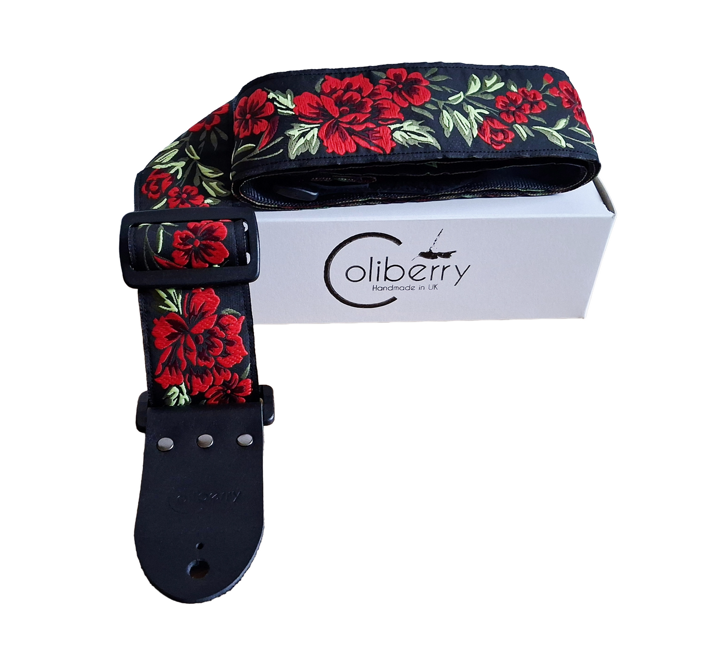 Handmade 'Red Peony' Guitar Strap with Black Real Leather ends. Adjustable.