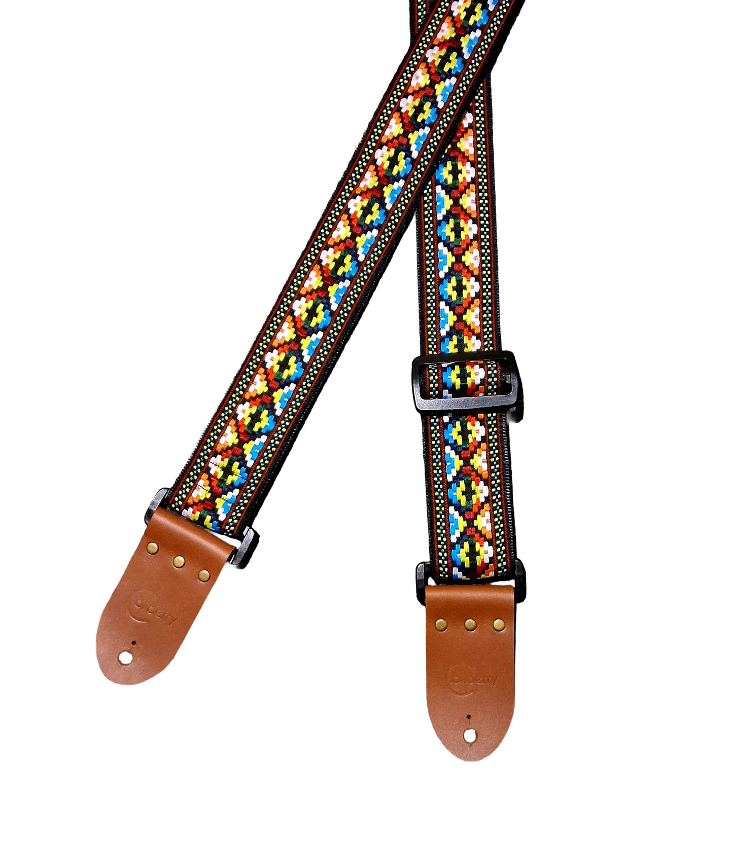 Handmade Cancun Guitar Strap: Aztec multicolour pattern Jacquard Ribbon and Leather Ends.