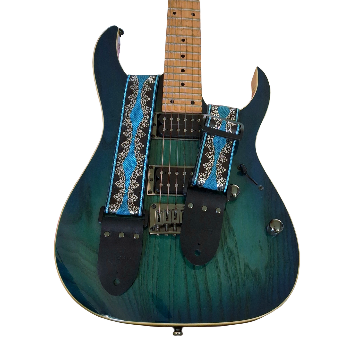 Handmade guitar strap - 'Venecia' Turquoise, Black and Silver with Black Seatbelt backing and Montana Black Real Leather ends.
