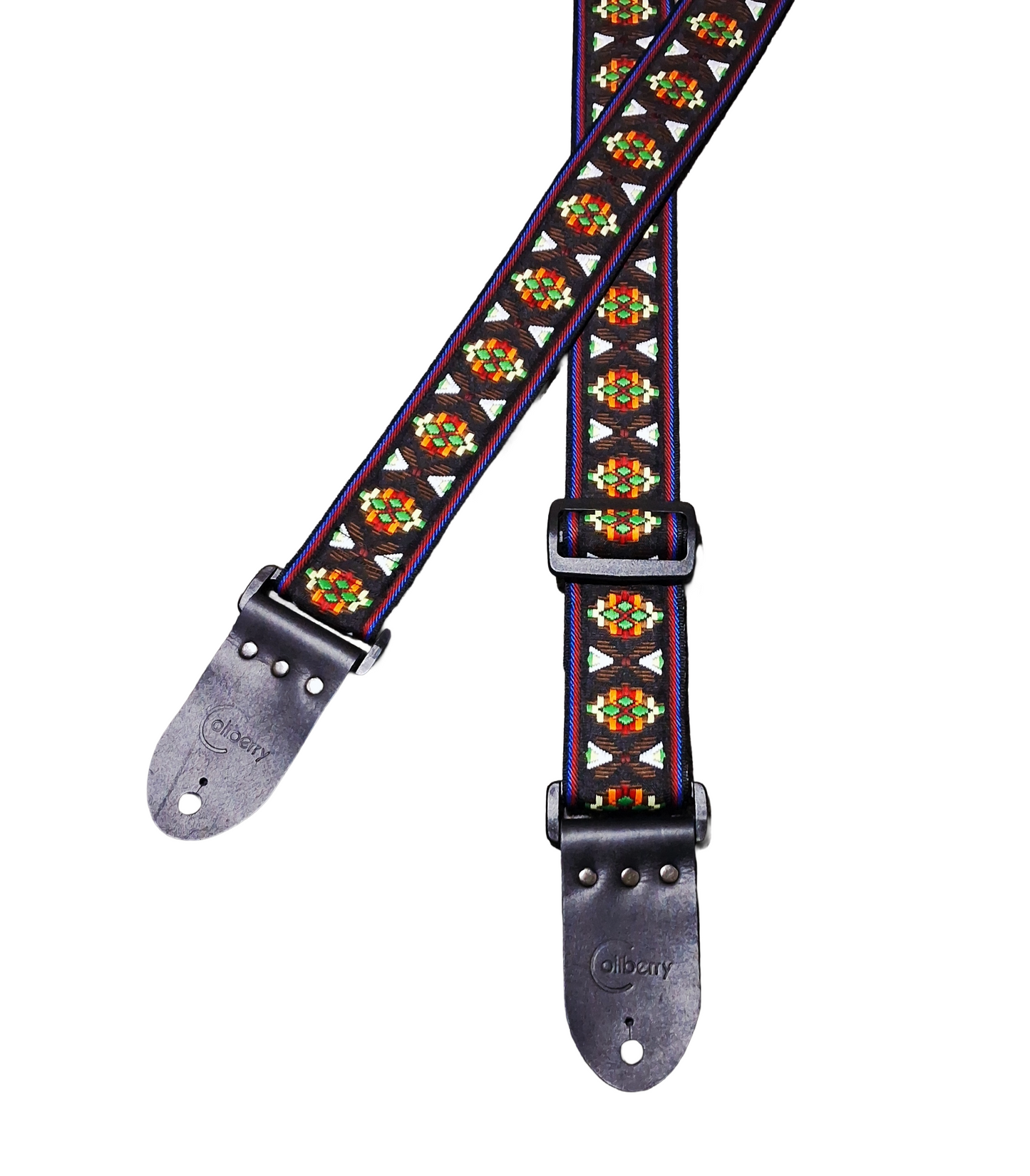 Handmade Aztec Brown Guitar Strap: Aztec pattern Jacquard Ribbon and Leather Ends.