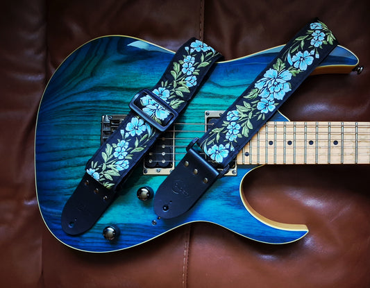 'Blue Peony' Handmade Guitar Strap. Adjustable.