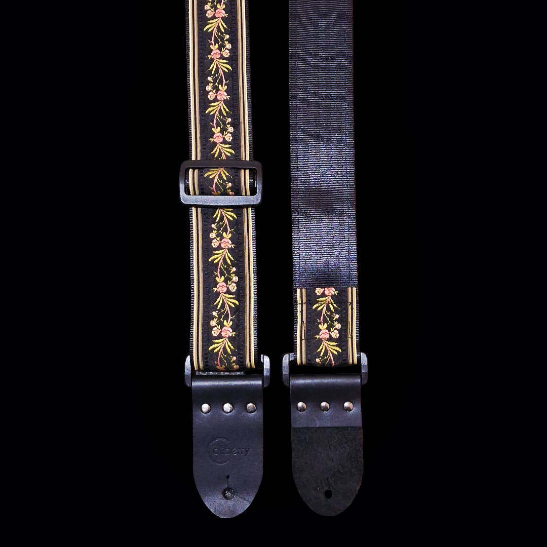 'Japanese Garden' in Black. Handmade guitar strap. Adjustable.