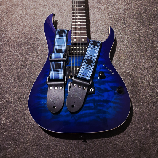 Handmade 'Tartan Blue' guitar strap with Montana Black leather ends. Adjustable.