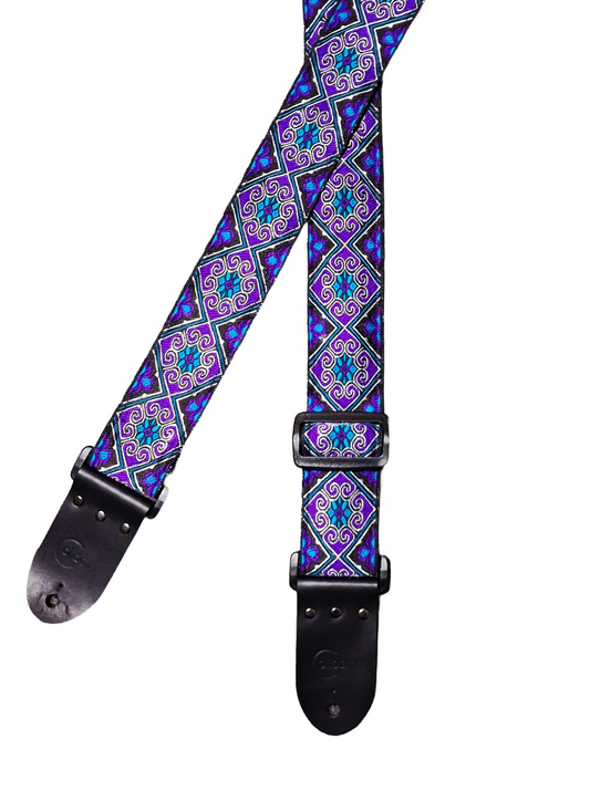 'Tribal Flower' Purple Handmade Guitar Strap. Adjustable.
