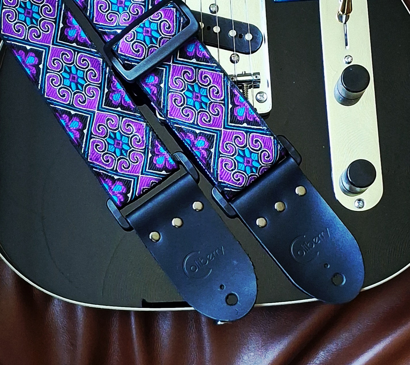 'Tribal Flower' Purple Handmade Guitar Strap. Adjustable.