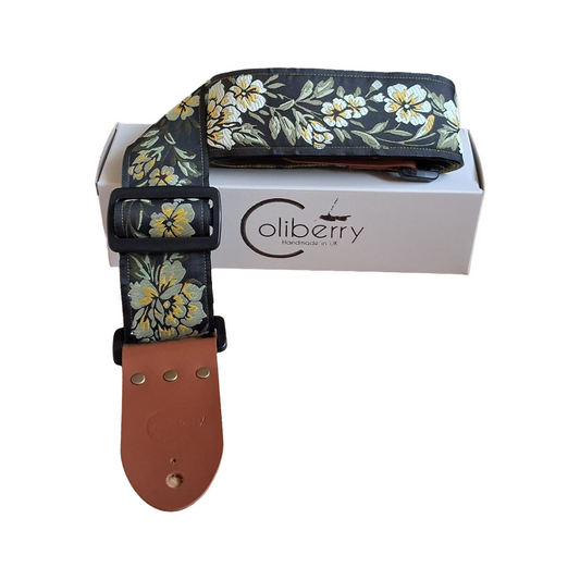'Yellow Peony' Handmade Guitar Strap with Real Leather ends. Adjustable.