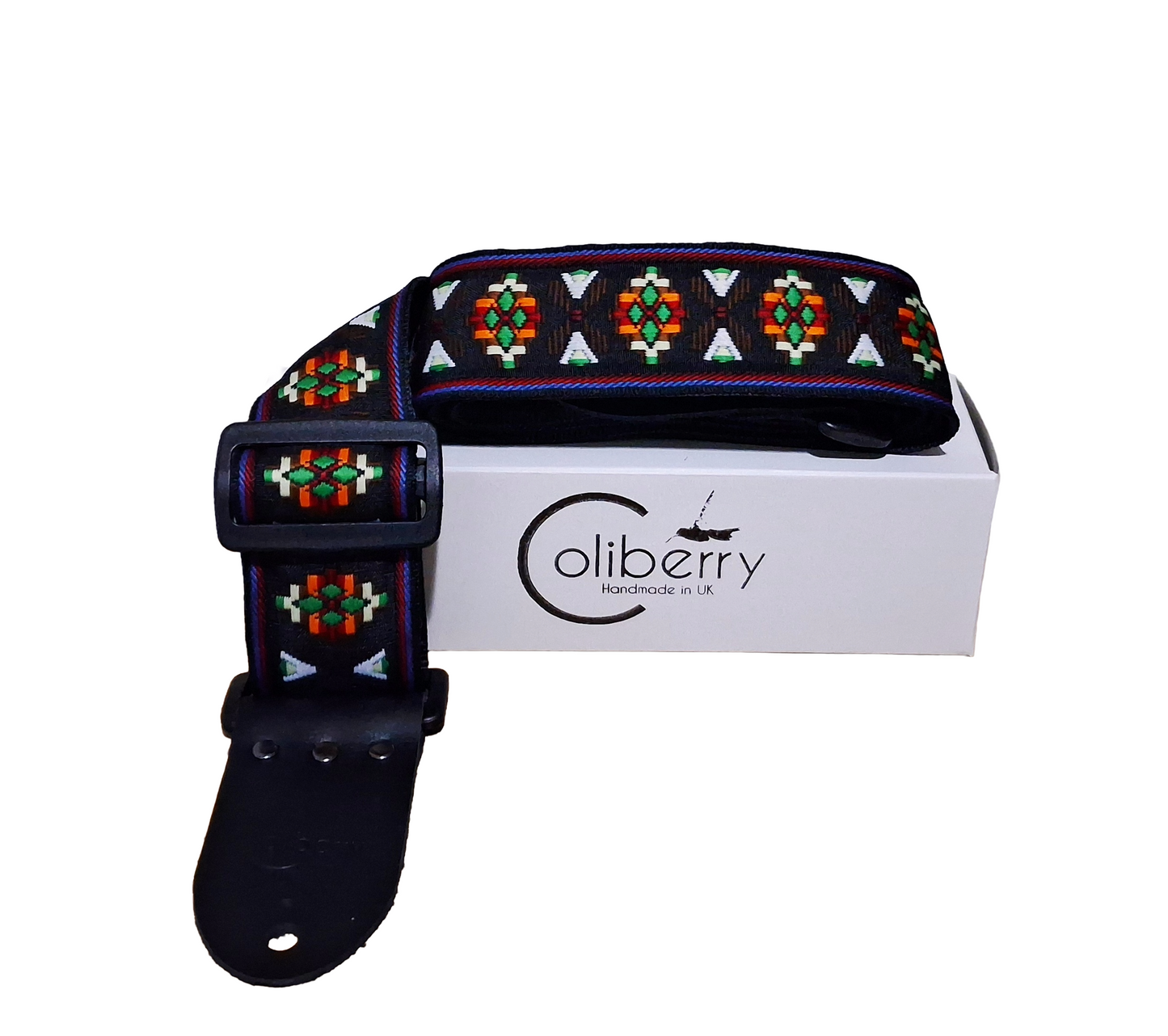 Handmade Aztec Brown Guitar Strap: Aztec pattern Jacquard Ribbon and Leather Ends.