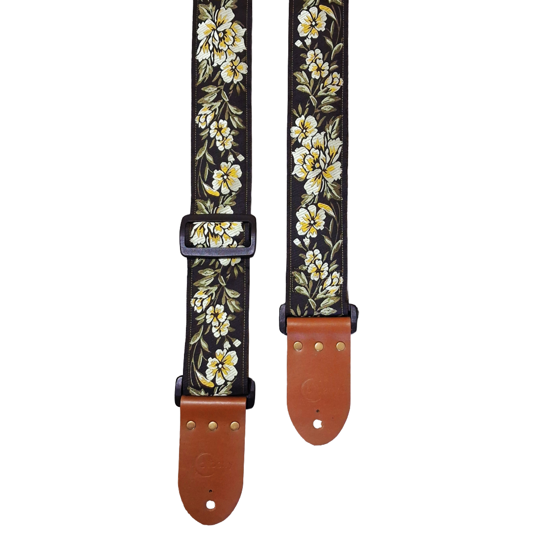 'Yellow Peony' Handmade Guitar Strap with Real Leather ends. Adjustable.