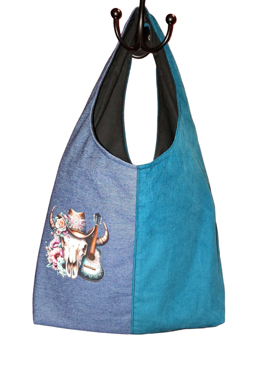 Handmade Small Two Tone Handbag. Corduroy and Denim with Boho print.