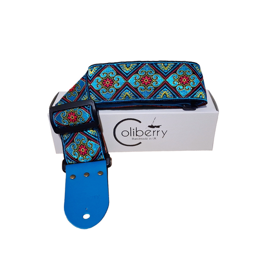 Handmade guitar strap - 'Tribal Flower' Turquoise.