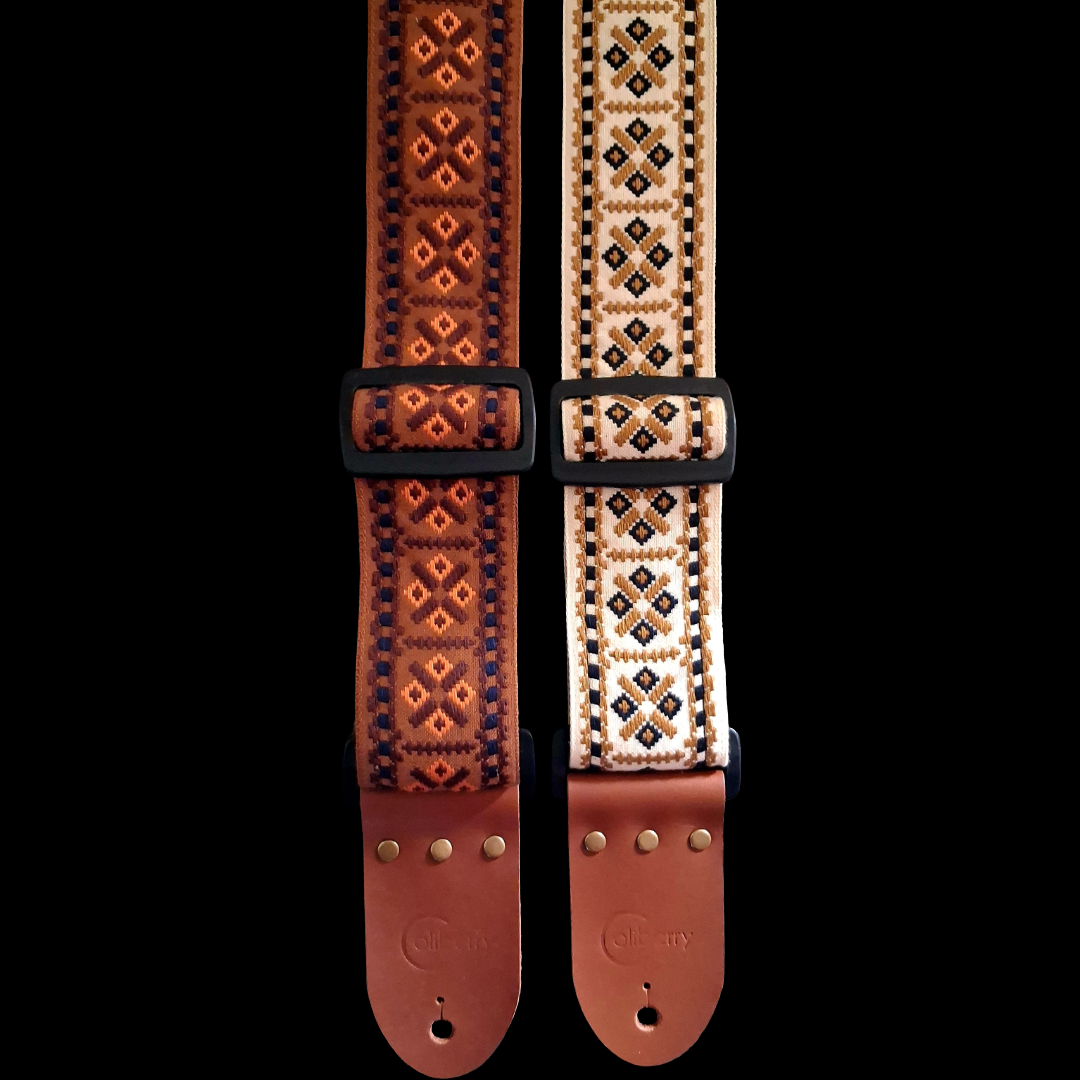 'Valkyria' handmade guitar strap in brown. Adjustable.